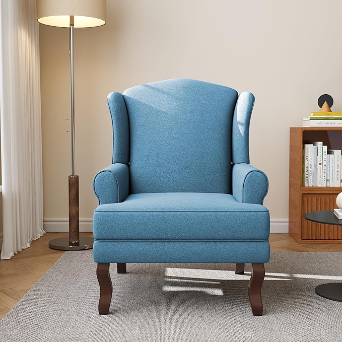 UIXE High Back Accent Chair for Living Room Comfy Upholstered Armchair in Fabric with Retro Solid Wooden Legs Traditional Arm Chair Single Sofa Reading Seat - Sky Blue