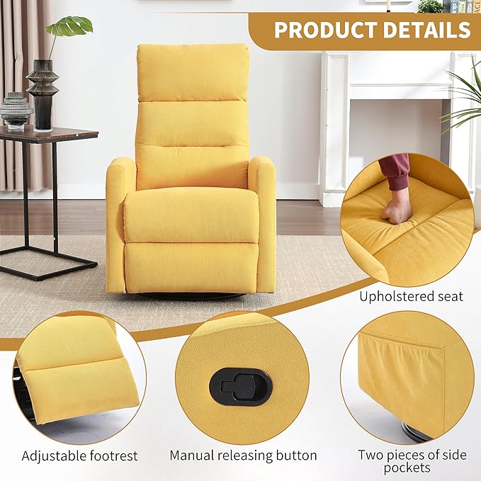 360° Swivel Rocking Chair for Nursery Manual Glider Chair Nursing Chair with Side Pockets Polyester Glider for Living Room Heavy Duty Motion Mechanism Yellow