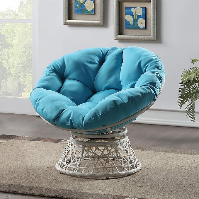OSP Home Furnishings Wicker Papasan Chair with 360-Degree Swivel Cream Frame with Blue Cushion