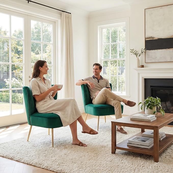 DUOMAY Modern Accent Chair Set of 2 Velvet Slipper Chair with Gold Legs Wingback Side Chair for Living Room Bedroom Entryway Small Corner Chair for Space Saving Green