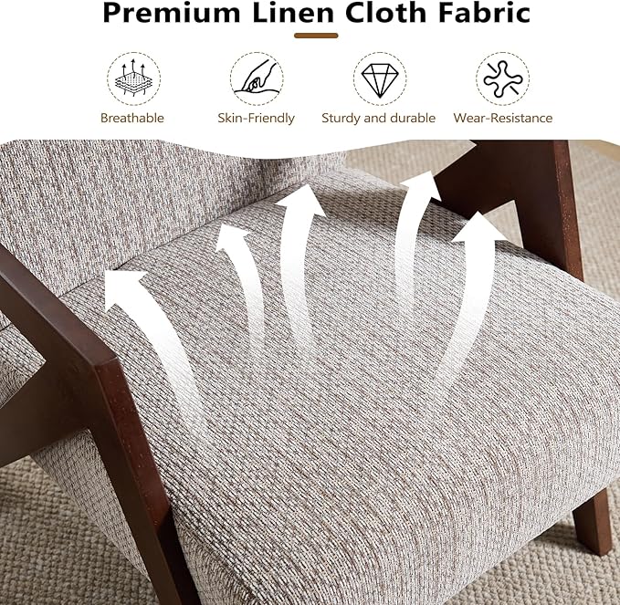Bonzy Home Mid-Century Modern Accent Chair Set of 2 with Wood Frame Upholstered Armchair for Bedroom &amp Living Room Linen Fabric Cushion Z-Shaped Armrest Design Sturdy Lounge Chair