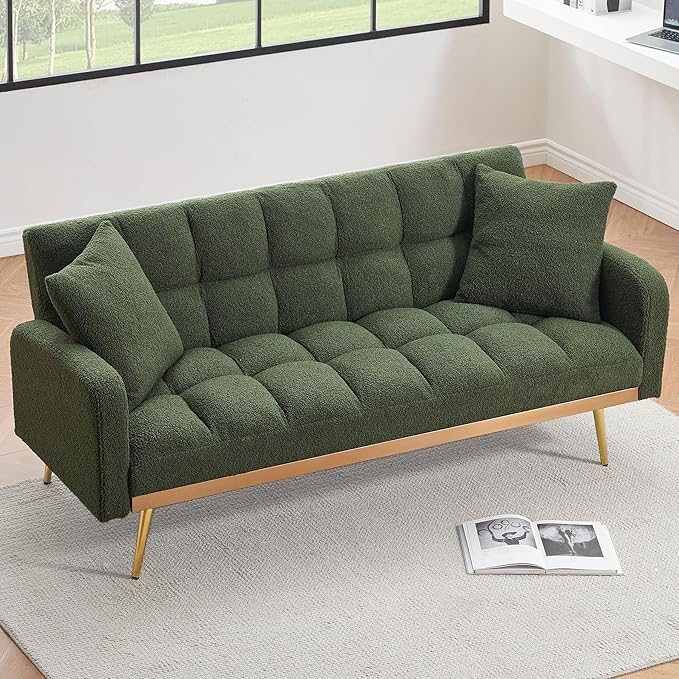 Comfy Futon Sofa Bed with 2 Pillows White Futon Couch Bed with Gold Legs Small Convertible Sofa Bed Couch for Living Room Modern Loveseat for Bedroom Curved Arms Plush Tufted-ShapedTeddy (Green)