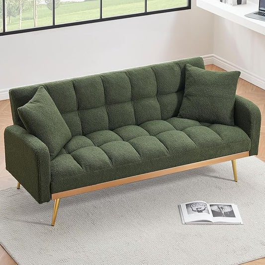 Comfy Futon Sofa Bed with 2 Pillows White Futon Couch Bed with Gold Legs Small Convertible Sofa Bed Couch for Living Room Modern Loveseat for Bedroom Curved Arms Plush Tufted-ShapedTeddy (Green)