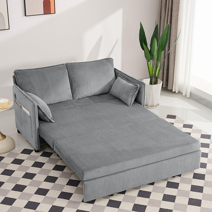 GDFStudio 55 Convertible Sofa Bed 3-in-1 Sofa Bed Couch with Pull Out Design Corduroy Sleeper Sofas with USB Ports &amp Side Pocket Modern Loveseat Sleeper for Living Room Bedroom Small Space Gr