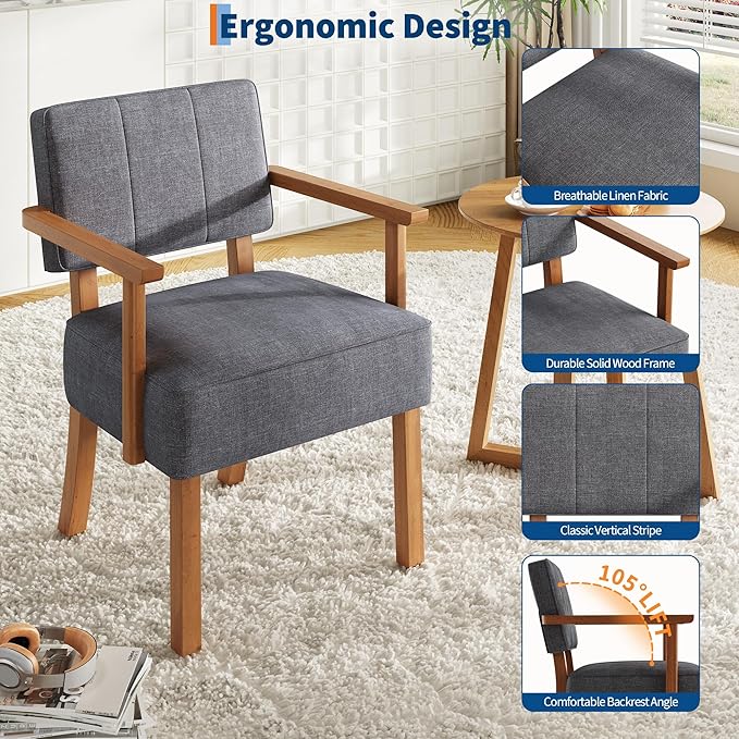 GarveeHome Linen Fabric Accent Chair Mid-Century Modern Armchair with Classic Vertical Stripe Reading Leisure Chair with Wood Frame for Living Room Grey