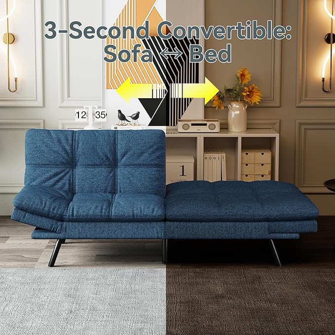 Futon Sofa Bed Convertible Couch Blue Linen Sofa Bed with Memory Foam Adjustable Backrest &amp Armrests Multifunctional Small Loveseat Sleeper Sofa for Living Room Apartment Office