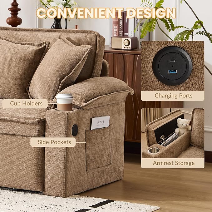 SUNWAVE 83 King Size Pull Out Sofa Bed 4-in-1 Convertible Sleeper Sofa Bed with USB Ports Cup Holders Side Pockets Corduroy Oversized Loveseat Chaise Lounge for Living Room Small Space