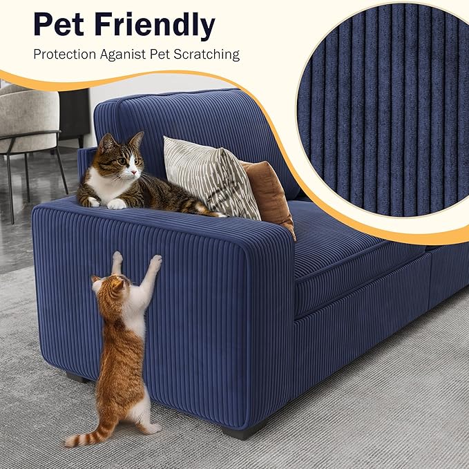 YOUDENOVA 86 3-Seater Sofa Corduroy Sofa Couch for Living Room Modern Lounge Couches with Extra Deep Seats Solid Wood Removable Cover Wide Armrest Easy Assembly Blue