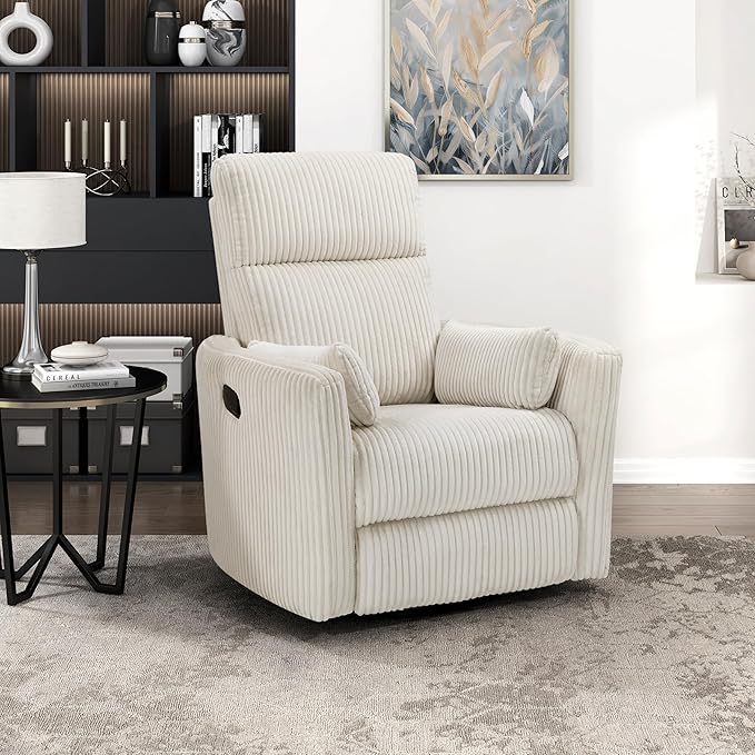 Lexicon Modern Swivel Glider Recliner Chair Nursery Glider Corduroy Fabric Upholstery Recliner with 2 Lumbar Pillows Manual Reclining Sofa Chair for Living Room/Office/Apartment Beige
