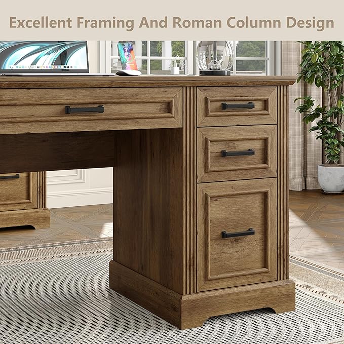 Furniouse 58 Executive Desk Farmhouse Computer Desk with Drawers and Cabinet with Charging Station Wooden Home Office Desk Workspace for Work &amp Writing Brown