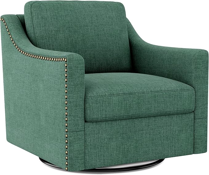 Swivel Accent Chair Modern Comfy Linen Upholstered Barrel Armchair with Nailhead Decor and Metal Base Soft Oversized Round Swivel Chair for Living Room Bedroom Club (1 Green)