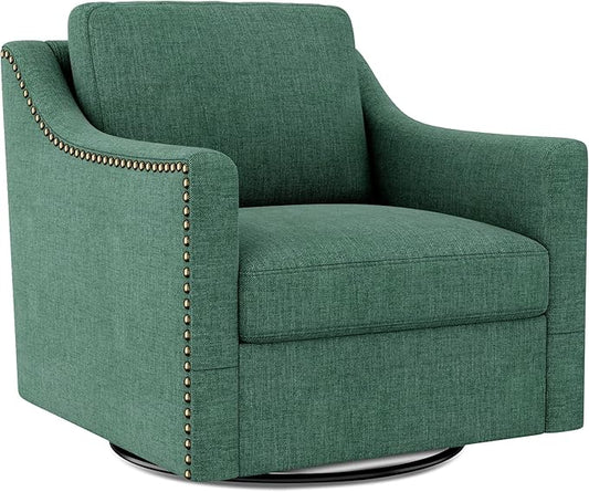 Swivel Accent Chair Modern Comfy Linen Upholstered Barrel Armchair with Nailhead Decor and Metal Base Soft Oversized Round Swivel Chair for Living Room Bedroom Club (1 Green)
