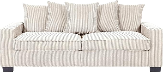 Luxe Corduroy Sofa with 5 Matching Toss Pillows Sleek Design Spacious and Comfortable 3 Seater Couch for Modern Living Room Large Ivory