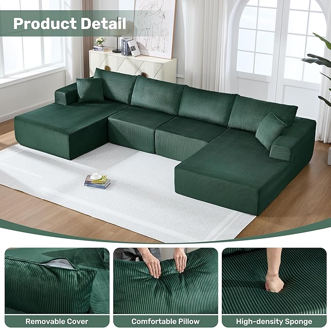Modular Sectional Sofa146 U-Shaped Boneless Sofa for Living RoomOversized 4-Seater Deep Seat Cloud CouchesCorduroy Upholstered Corner Sofa CouchNo Assembly RequiredGreen
