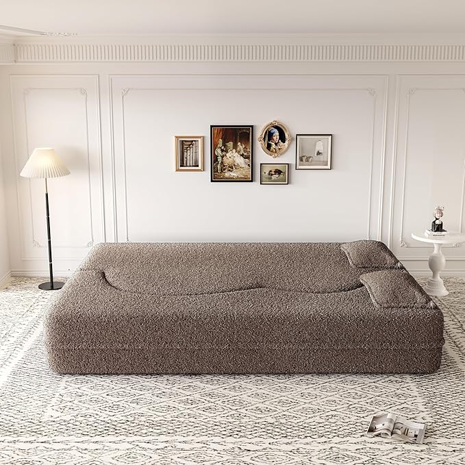 Modern 2-in-1 Convertible Sleeper Sofa Bed Compressed Foam Sofa Curved Loveseat Sofa Bubble Couch Comfy Teddy Sofa Multi-Functional Cloud Couch with Pillows for Living Room Bedroom (Brown)