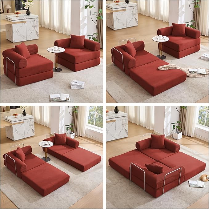 73 Convertible Sleeper Sofa Bed with Fixed-Shape Frame Corduroy Modular Folding Loveseat Couch with 2 Pillows Modern Floor Sofa Couch for Living Room No Assembly Red