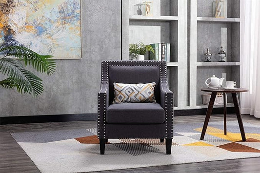 Accent Armchair Living Room Chair with Nailheads and Solid Wood Legs Charcoal Linen