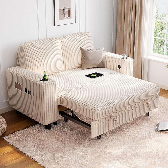 LINSY HOME Pull Out Loveseat Sofa Sectional Sleeper Sofa Plush Corduroy Love Seat Couch Pullout Modular Sectional Couches for Living Room Apartment Bedroom (Beige)