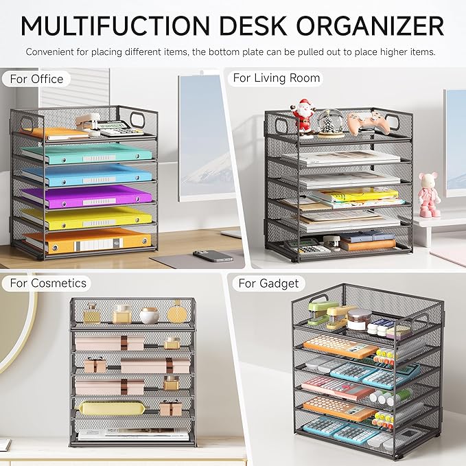 6 Tiers Letter Tray Paper Organizer With Handle Mesh Desk File Organizer Metal Desktop Document Shelf Paper Sorter for Office Home or School File Folder Holder - Grey