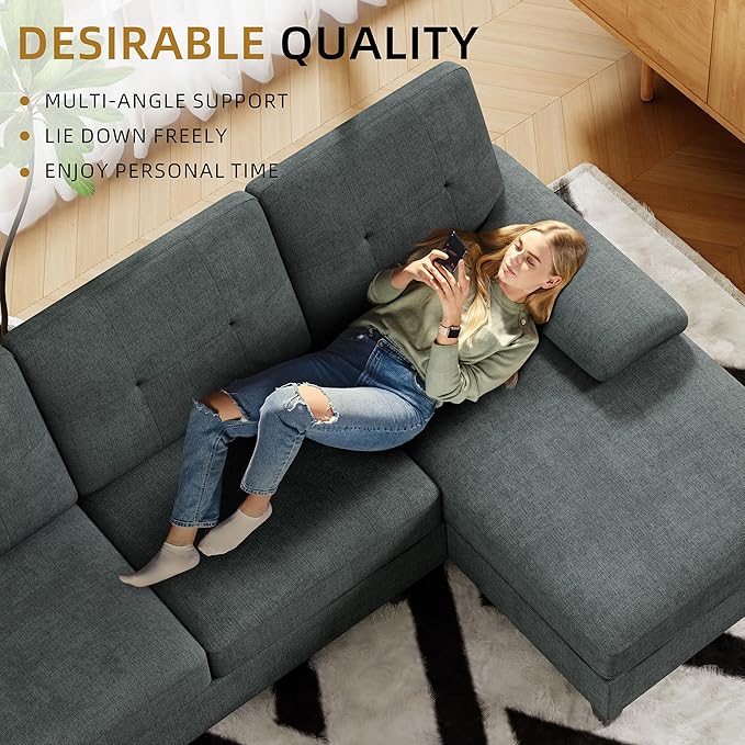 JAMFLY 107 U-Shaped Modern Sofa Modular Sectional Cloud Couch with Chaise 4-Seat Deep Seat Sofa for Living Room Bedroom and Apartment Dark Grey