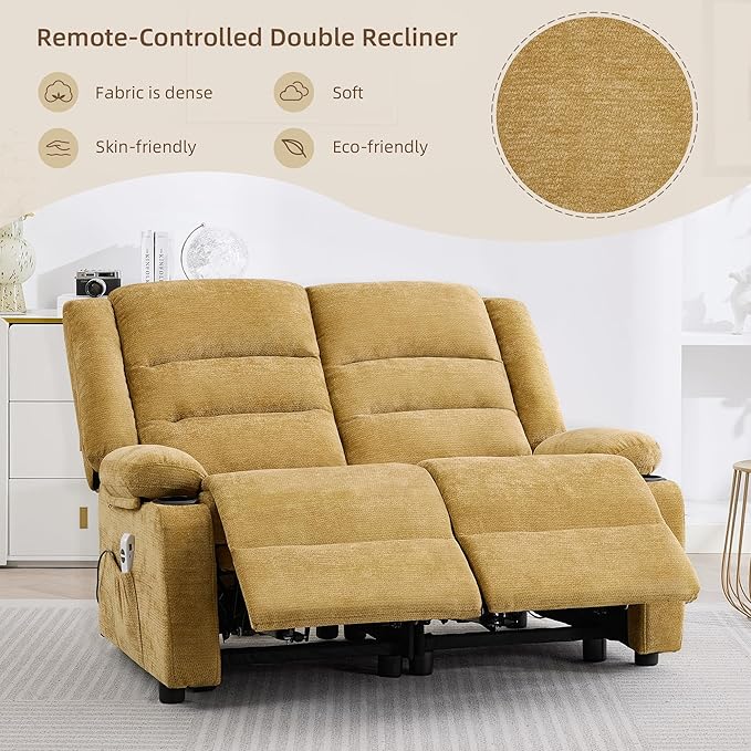 52Inch Power Loveseat ReclinerElectric Reclining Loveseat SofaAdjustable Love seat Recliner Sofa for Living RoomBedroom with Charging Ports(Yellow loveseat)