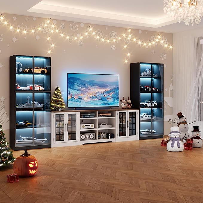 Farmhouse TV Stand for TVs up to 100Entertainment Center with 2 LED Storage CabinetsTV Console with Glass Doors and Adjustable Compartments for Large Space Living RoomBedroom