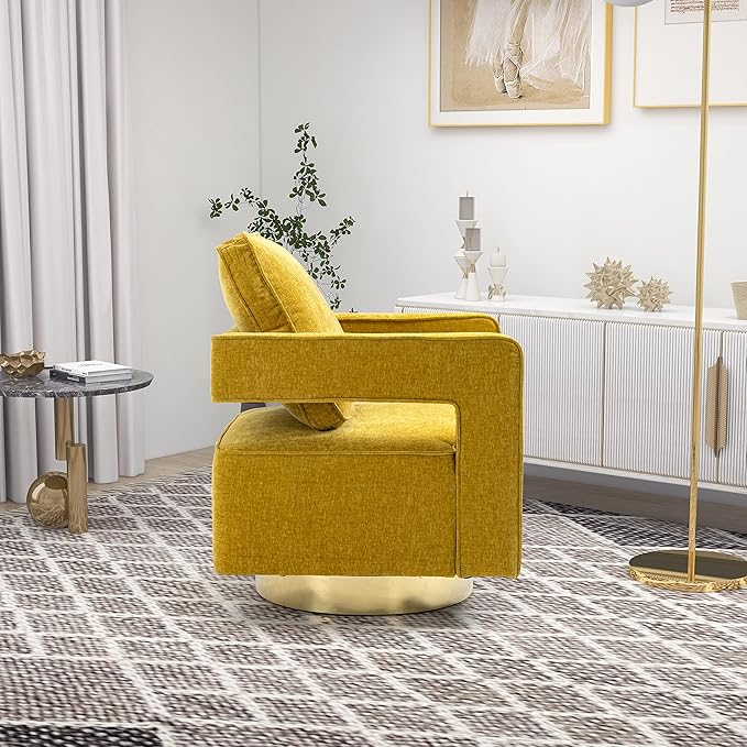 30.7 W Swivel Accent Open Back Chair Modern Comfy Sofa Chair with Gold Stainless Steel Base for Nursery Bedroom Living Room Hotel Office Club Chair Leisure Arm Chair for Lounge (Mustard Chenille)
