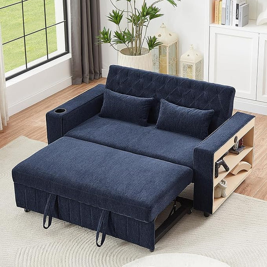 61.4 Pull-Out Sofa Bed Convertible Sleeper Sofa Bed with Adjustable Backrest Cup Holders Storage Rack Handy Side Pockets Two Lumbar Pillows Modern Loveseat Sofa for Living Room