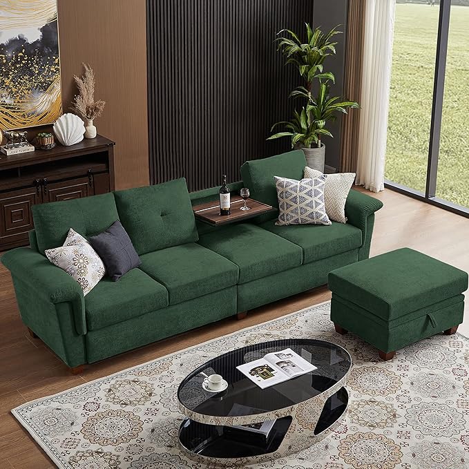 109 Convertible Sectional Sofa Modern Microfibe L Shaped Couch with Storage Chaise and Cup Holder 4 Seat Sofa Couches with Extra Headrests for Living Room Apartment Green