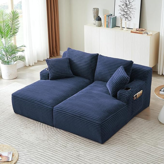KEIKI Compressible Double Chaise Lounge with Cupholders Cozy Corduroy Sleeper Loveseat for Bedroom or Reading Nook Boneless Chaise Lounge Indoor with Supportive Spring Cushions No Assembly