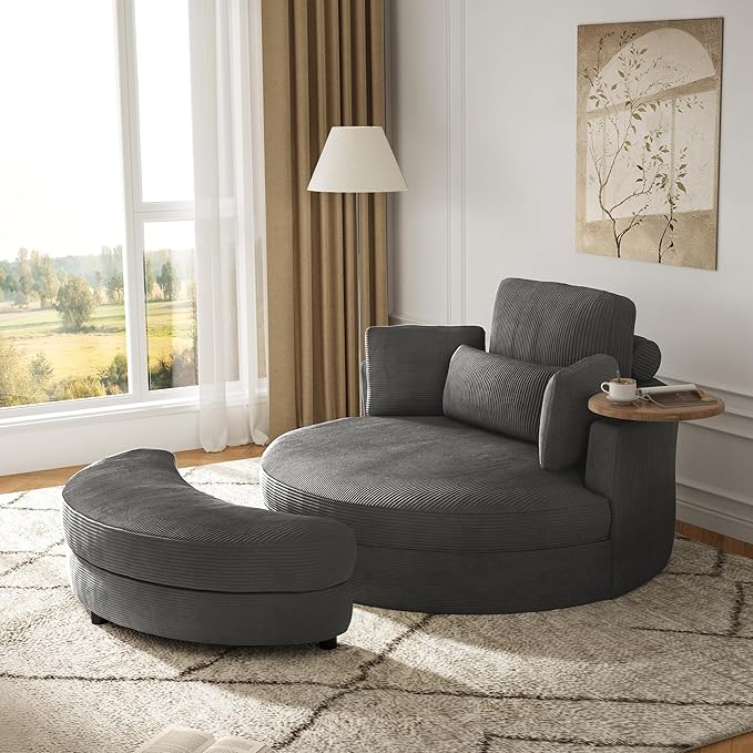 DEINPPA 51'' Accent Swivel Barrel Chair with Storage Ottoman Modern Oversized Round Leisure Sofa Chaise with Tray Pillows Corduroy Upholstered Lounge Chair for Bedroom Living Room Hotel Club Gray
