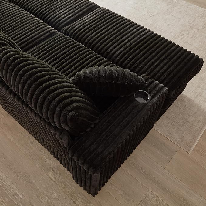 84 Oversized Double Chaise Lounge Indoor Modern Comfy Corduroy Sectional Couch with Ottoman Loveseat Sleeper Sofa Bed with Cup Holder Home Sofa Living Room Apartment (Black)