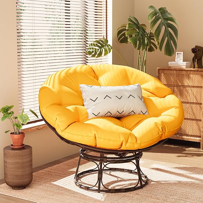 46'' Large Size Papasan Chair (Non-Swivel) with Cushion and Frame Overstuffed Thickened Lazy Chair Mustard Yellow