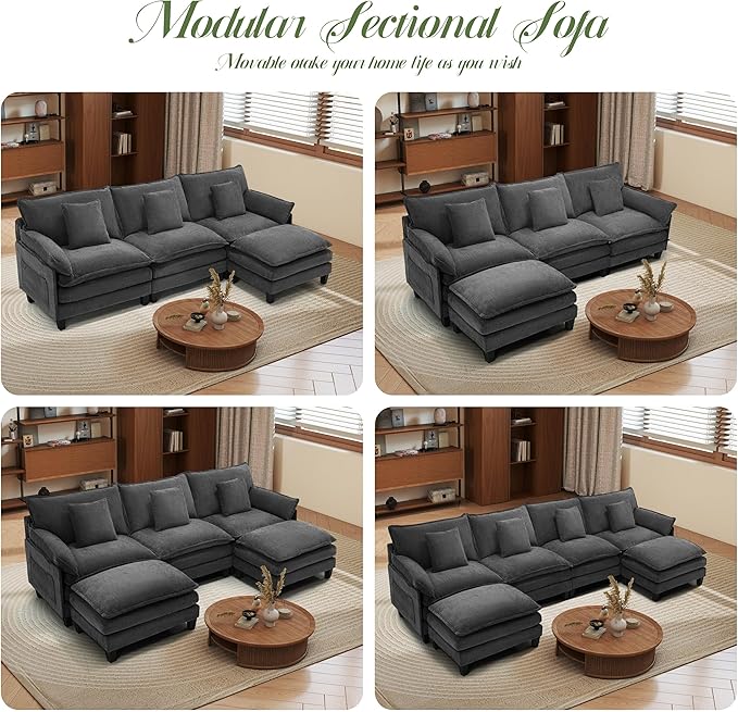 Cloud Couch 140 Modular Sectional Sofa with Movable Ottoman U Shaped Modern Sofa with Pillows Deep Seat Couches for Living Room Bedroom and Apartment Comfy Couch Grey