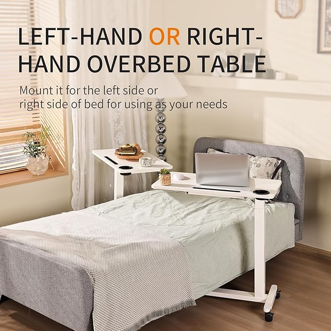 Height Adjustable Overbed Table with Drawer and Wheels Rolling Standing Laptop Desk Portable Bedside Tables with Slot Cup Holder Mobile Pneumatic Computer Cart White