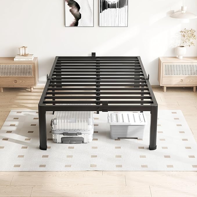 18 Inch Twin XL Bed Frame 3500Lbs Heavy Duty Metal Platform with Round Corner Legs Mattress Slide Stopper Steel Slat Support No Box Spring Needed Noise Free Non-Slip Easy Assembly