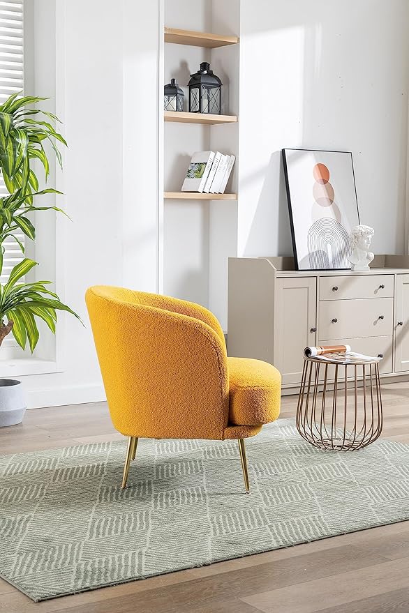 30.32 W Accent Chair Upholstered Curved Backrest Reading Chair Single Sofa Leisure Club Chair with Golden Adjustable Legs for Living Room Bedroom Dorm Room (Mustard Boucle)