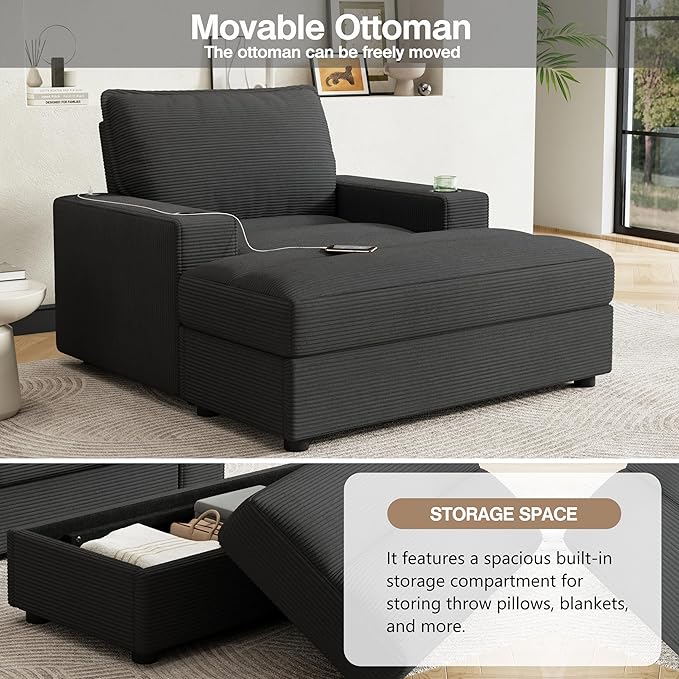 42.8 Oversized Chaise Lounge Chair with Storage Ottoman Corduroy Sofa Bed with Cup Holders &amp USB Charging Port Upholstered Sleeper Chair for Living Room BedroomGrey
