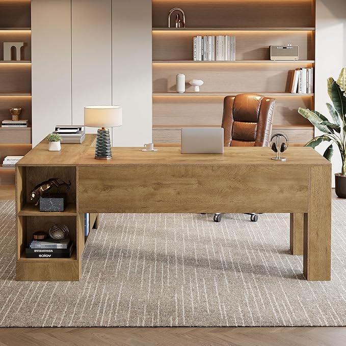 Tribesigns L-Shaped Executive Desk 78-Inch Office Desk with Storage Cabinet and 2-Tier Shelf Large Wooden Computer Writing Table Business Furniture Workstation for Home Office Brown