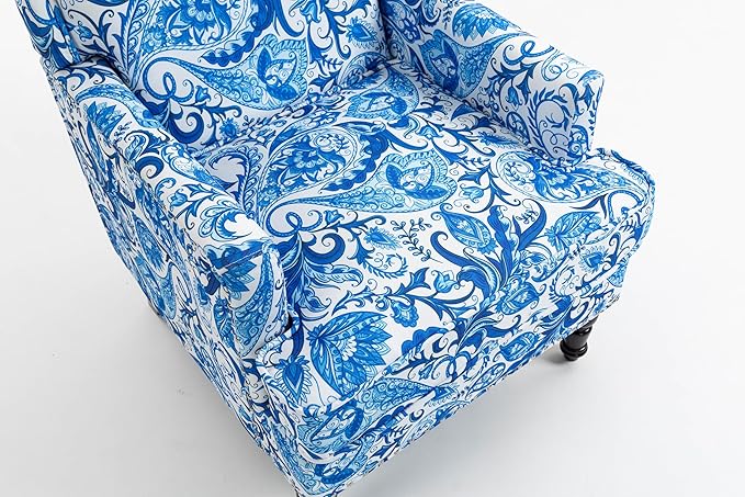 Upholstered Accent Chair Vintage Armchair with Blue and White Striped Linen Fabric Nailhead Trim and Solid Wood Legs 27”x27”x35”Comfortable Reading Chair for Living Room (Blue and White)