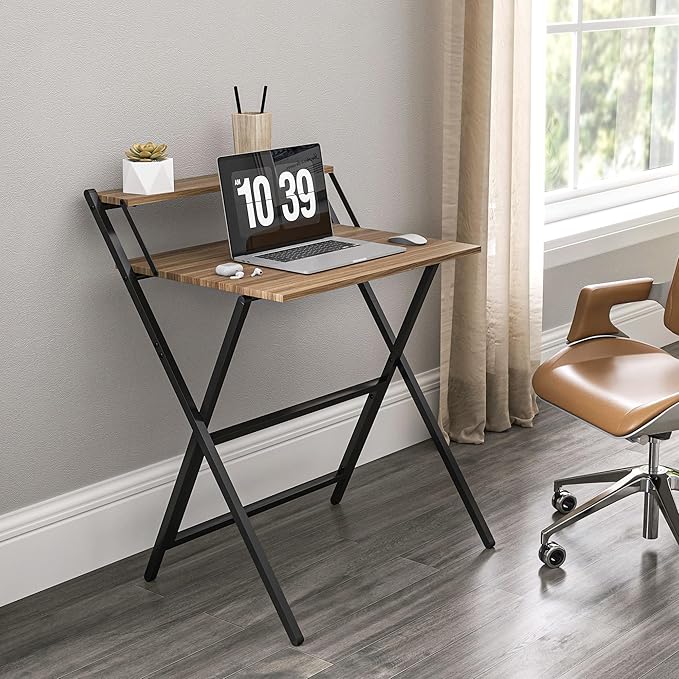 HOMCOM Small Folding Desk 27.6 Inch Foldable Computer Desk with Monitor Shelf Space Saving Portable Writing Table for Small Spaces Home Office Study Easy Assembly Walnut
