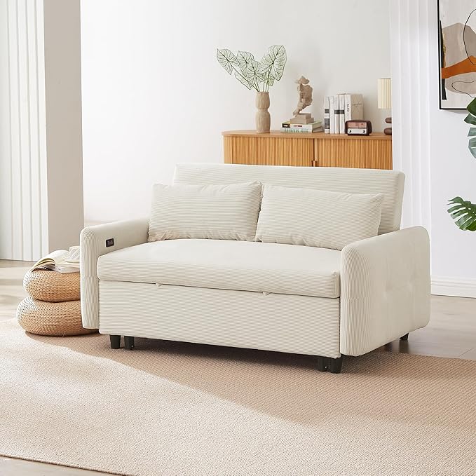 Merax Pull-Out Sofa Bed Convertible Couch 2 Seat Loveseat Sofa Modern Sleeper Sofa with Two Throw Pillows and USB Ports for Living Room Beige