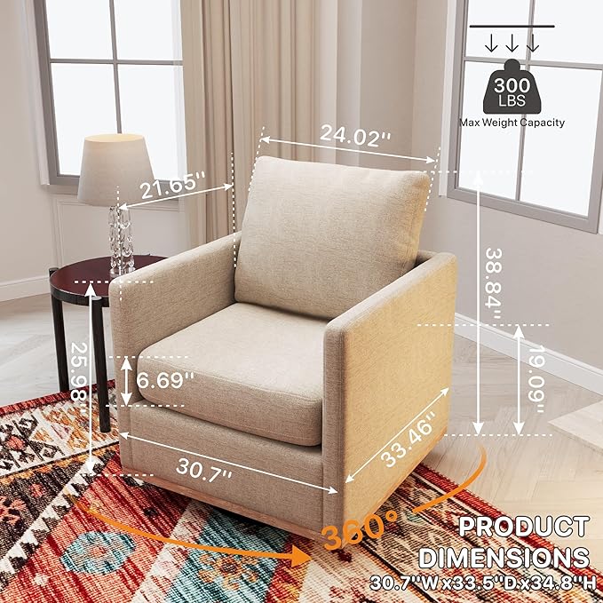Chenille Swivel Chair 30.7 W Modern Accent Upholstered Chair Single Sofa Armchair for Office Living Room Bedroom Taupe.