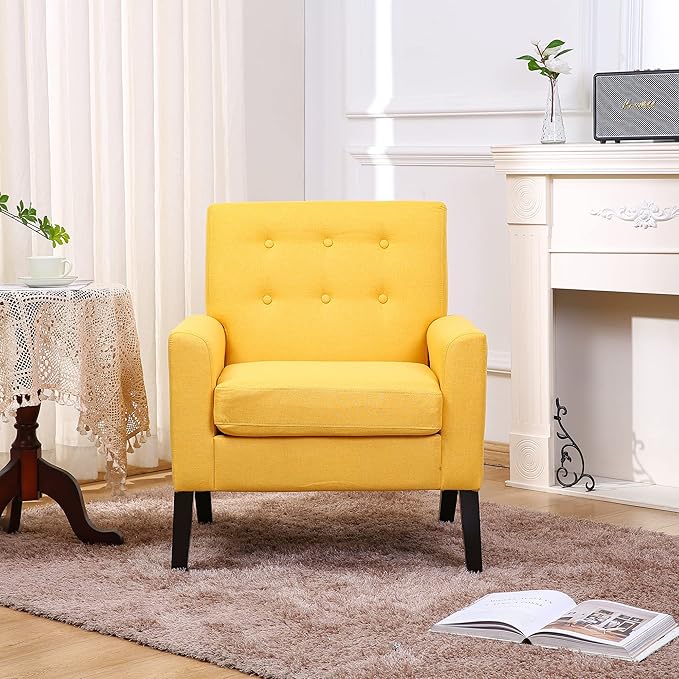 Fabric Accent Chair for Living Room Bedroom Button Tufted Upholstered Comfy Reading Accent Chairs Sofa (Yellow)