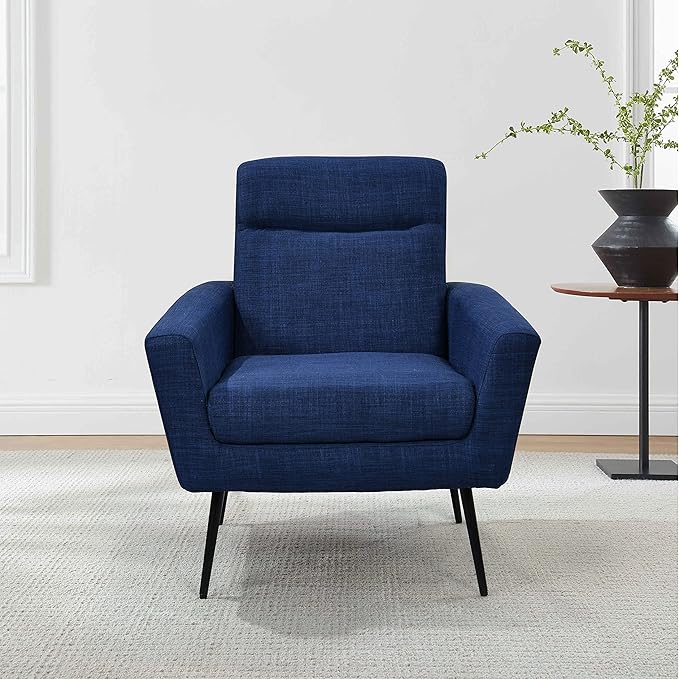 Mid Century Modern Upholstered Fabric Accent Chair Living Room Bedroom Leisure Single Sofa Chair (with Metal Legs) TV armrest seat Suitable for Small Space Home Office Coffee ChairDark Blue