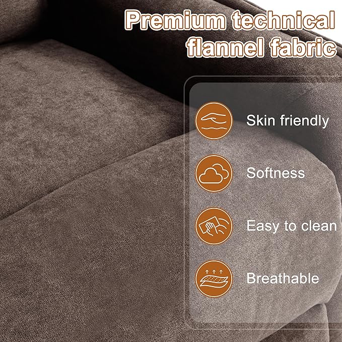 Manual 360° Swivel Rocker Recliner Chair for Adults Overstuffed Glider Chair for Nursery with Vibration Massage &amp Heat Comfy Soft Fabric Recliner Chair with Side Pockets for Living Room Brown