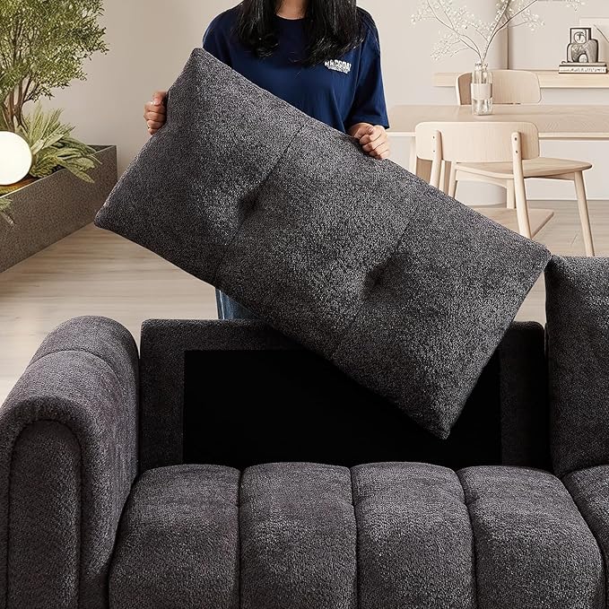 Mid Century Modern Boucle Sofas for Living Room 3 Seater Couch with Deep Seat Comfy Sherpa Cloud Couch Oversized Loveseat for Apartment Bedroom Home Office 91.5 Inch Dark Grey