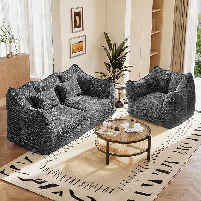2 Piece Sofa Set 47.2 Inch Single Sofa and 73.2 Inch Loveseat Sofa Comfy Chairs with Scratch-Resistant Pet-Friendly Chenille Modern Couch with Arms No Assembly Required Black