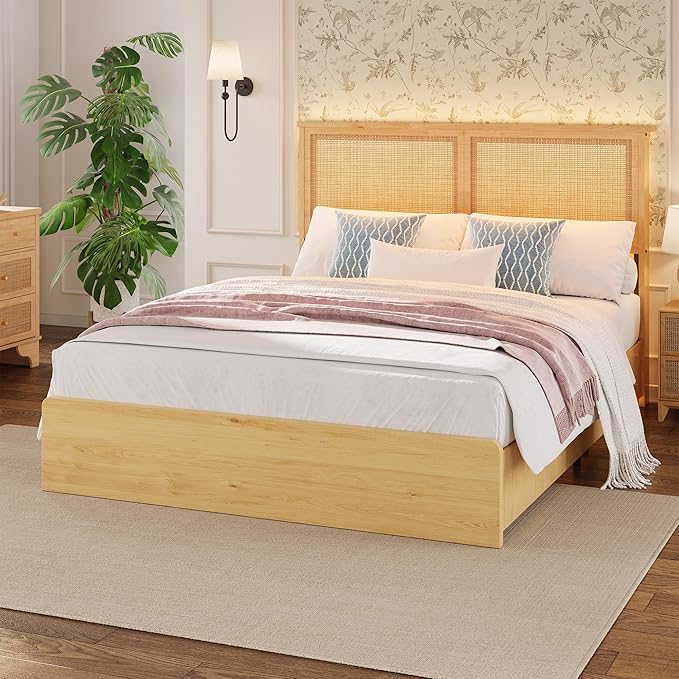 GAOMON Full Size Rattan Bed Frame with 4 Storage Drawer Boho Style Rattan Bed with LED Light &amp Natural Headboard Sturdy Wooden Slats Support No Box Spring Needed