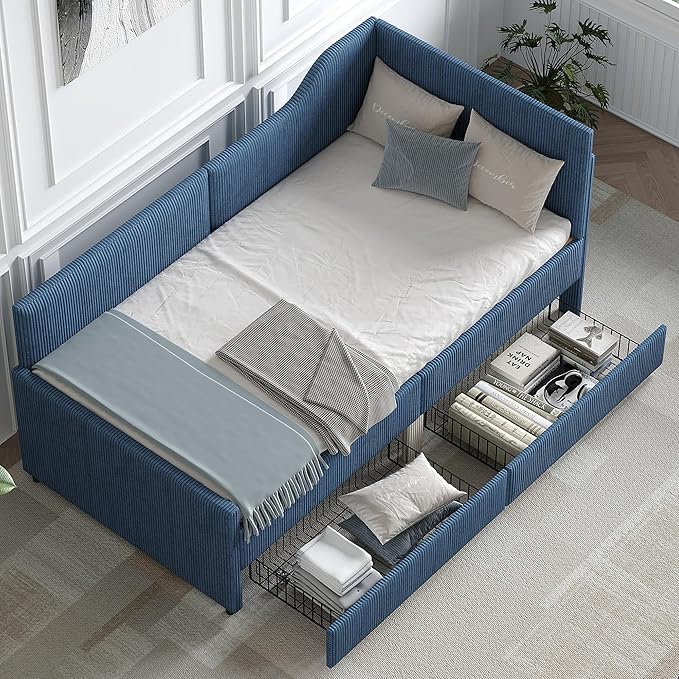 Twin Size Daybed L-Shaped Modern Corduroy Upholstered Sofa Day Bed Frame with Storage Drawers for Living Room Bedroom Guest Room No Box Spring Needed (Blue)